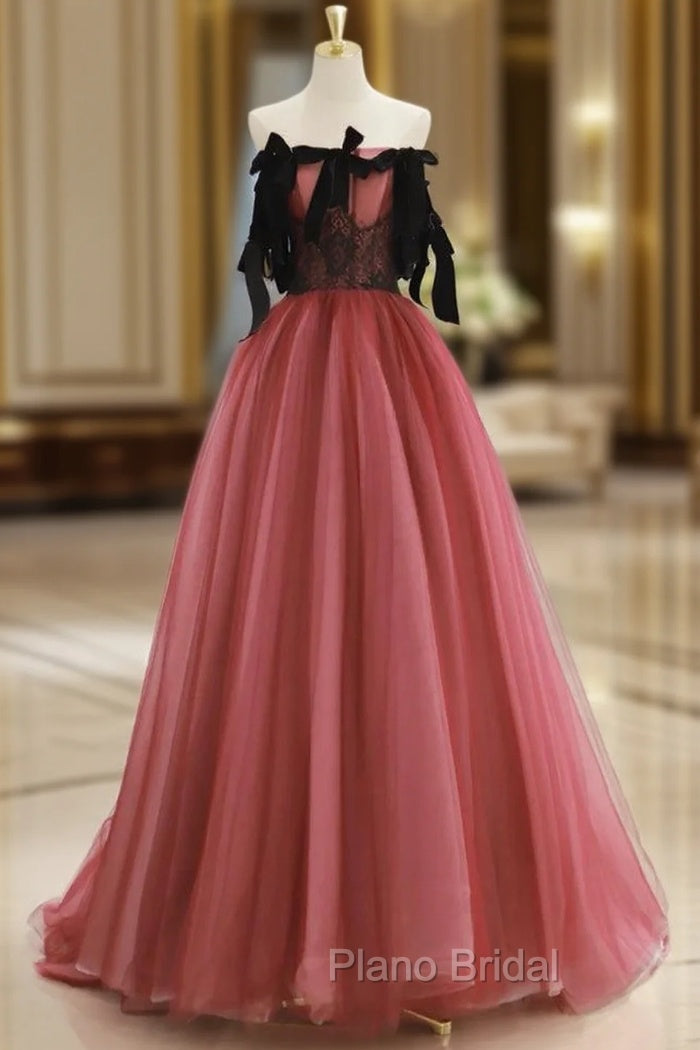 A-Line Tulle Watermelon Red Long Formal Prom Dresses, Watermelon Red Tulle Long Formal Dresses Main image