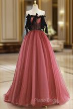 A-Line Tulle Watermelon Red Long Formal Prom Dresses, Watermelon Red Tulle Long Formal Dresses