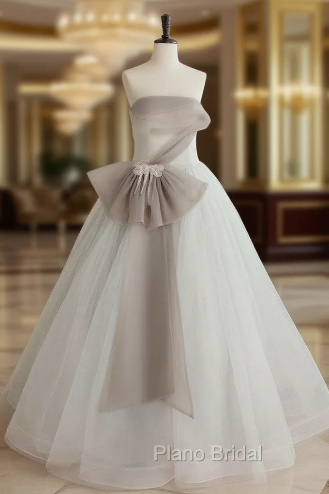 A-Line Tulle White Long Formal Prom Dresses, White Formal Party Dresses Main image