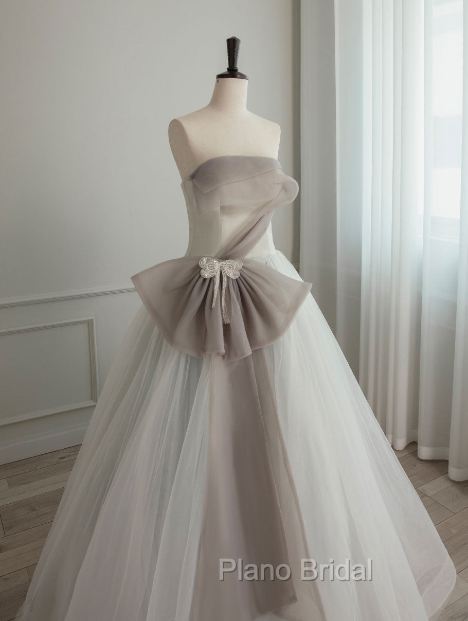 A-Line Tulle White Long Formal Prom Dresses, White Formal Party Dresses