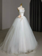 A-Line Tulle White Long Formal Prom Dresses, White Long Formal Dresses