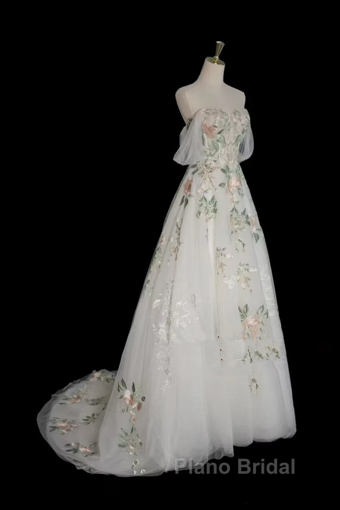 A-Line Tulle With Flower Lace White Wedding Party Dresses, White Tulle Evening Dresses Formal Prom Dresses Secondary image