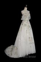 A-Line Tulle With Flower Lace White Wedding Party Dresses, White Tulle Evening Dresses Formal Prom Dresses