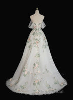 A-Line Tulle With Flower Lace White Wedding Party Dresses, White Tulle Evening Dresses Formal Prom Dresses
