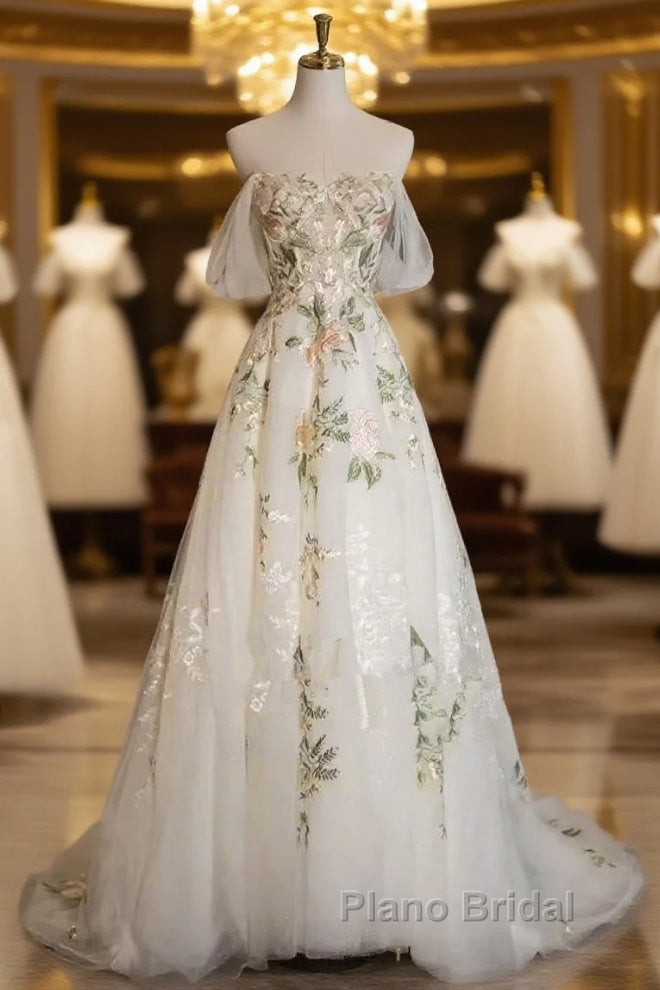 A-Line Tulle With Flower Lace White Wedding Party Dresses, White Tulle Evening Dresses Formal Prom Dresses Main image