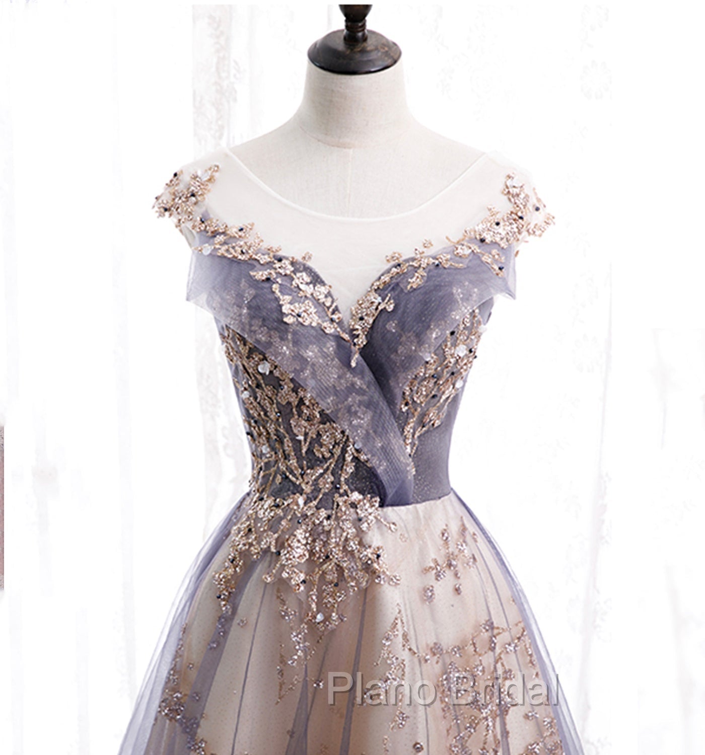 A-line Tulle with Lace Applique Party Dresses, Tulle Long Formal Prom Dresses Secondary image