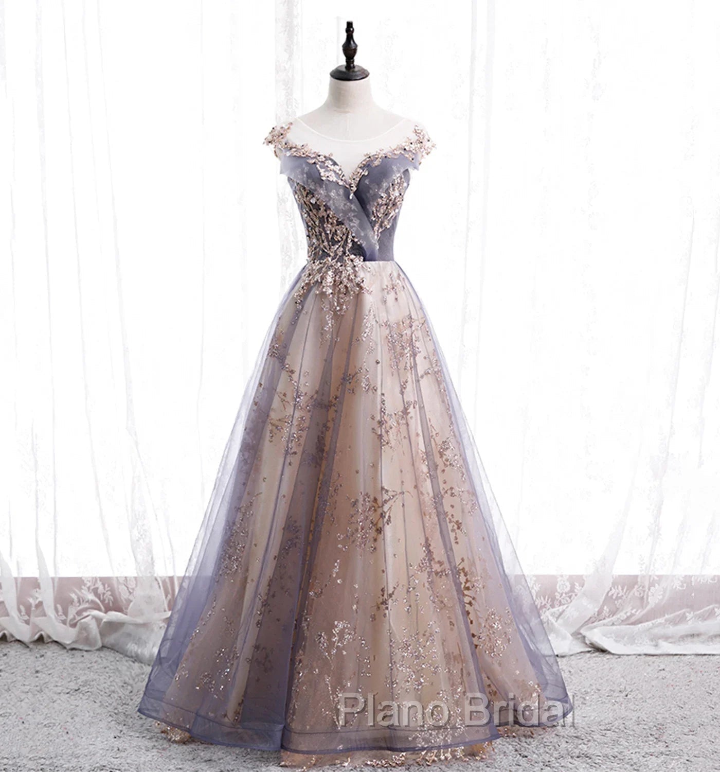 A-line Tulle with Lace Applique Party Dresses Tulle Long Formal Prom Dresses Formal Prom Dresses shops