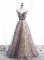 A-line Tulle with Lace Applique Party Dresses Tulle Long Formal Prom Dresses Formal Prom Dresses shops