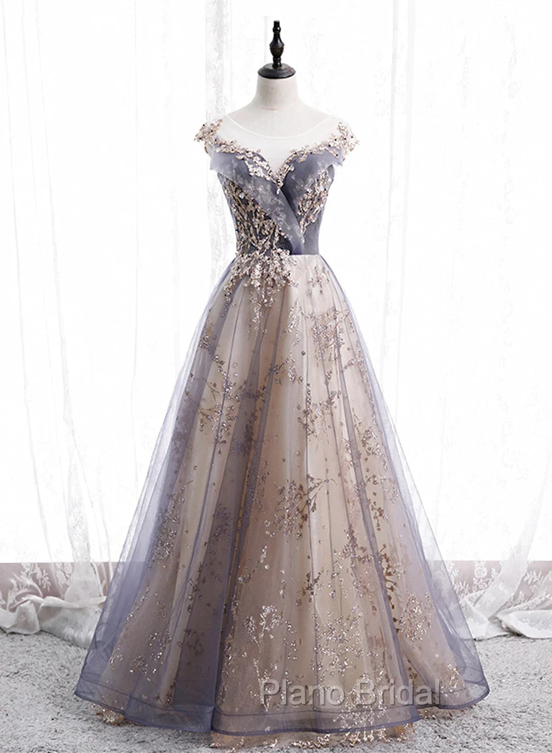 A-line Tulle with Lace Applique Party Dresses Tulle Long Formal Prom Dresses Formal Prom Dresses shops