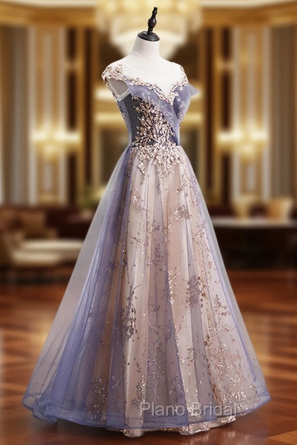 A-line Tulle with Lace Applique Party Dresses Tulle Long Formal Prom Dresses Formal Prom Dresses shops