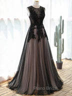 A-line Tulle with Lace Round Neckline Floor Length Party Dresses, Black Formal Prom Dresses