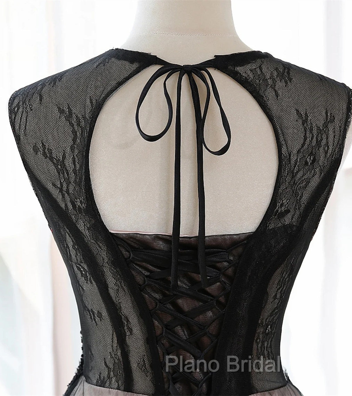 A-line Tulle with Lace Round Neckline Floor Length Party Dresses, Black Formal Prom Dresses