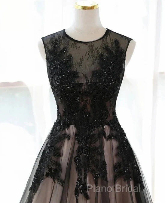 A-Line Tulle With Lace Round Neckline Floor Length Party Dresses Black Formal Prom Dresses Formal Dresses