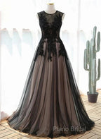 A-Line Tulle With Lace Round Neckline Floor Length Party Dresses Black Formal Prom Dresses Formal Dresses