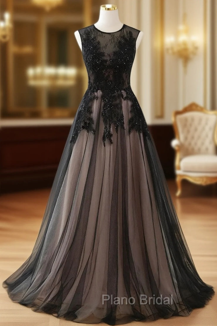 A-line Tulle with Lace Round Neckline Floor Length Party Dresses, Black Formal Prom Dresses Main image