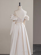 A-Line Two Pieces Satin Champagne Long Formal Prom Dresses, Champagne Formal Dresses