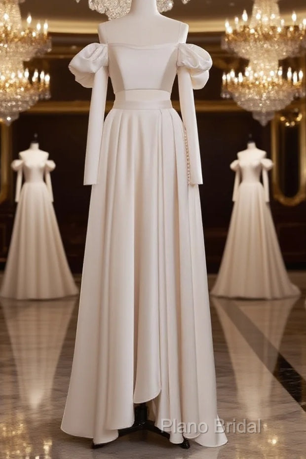 A-Line Two Pieces Satin Champagne Long Formal Prom Dresses, Champagne Formal Dresses