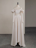 A-Line Two Pieces Satin Champagne Long Formal Prom Dresses, Champagne Long Formal Dresses