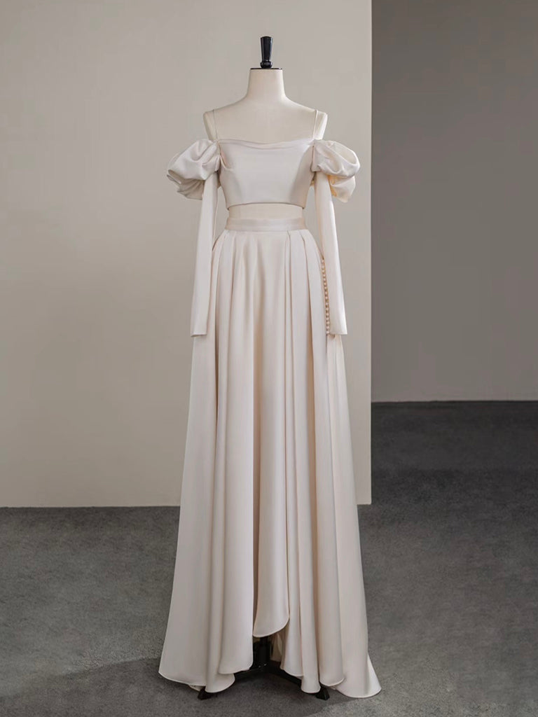 A-Line Two Pieces Satin Champagne Long Formal Prom Dresses, Champagne Long Formal Dresses