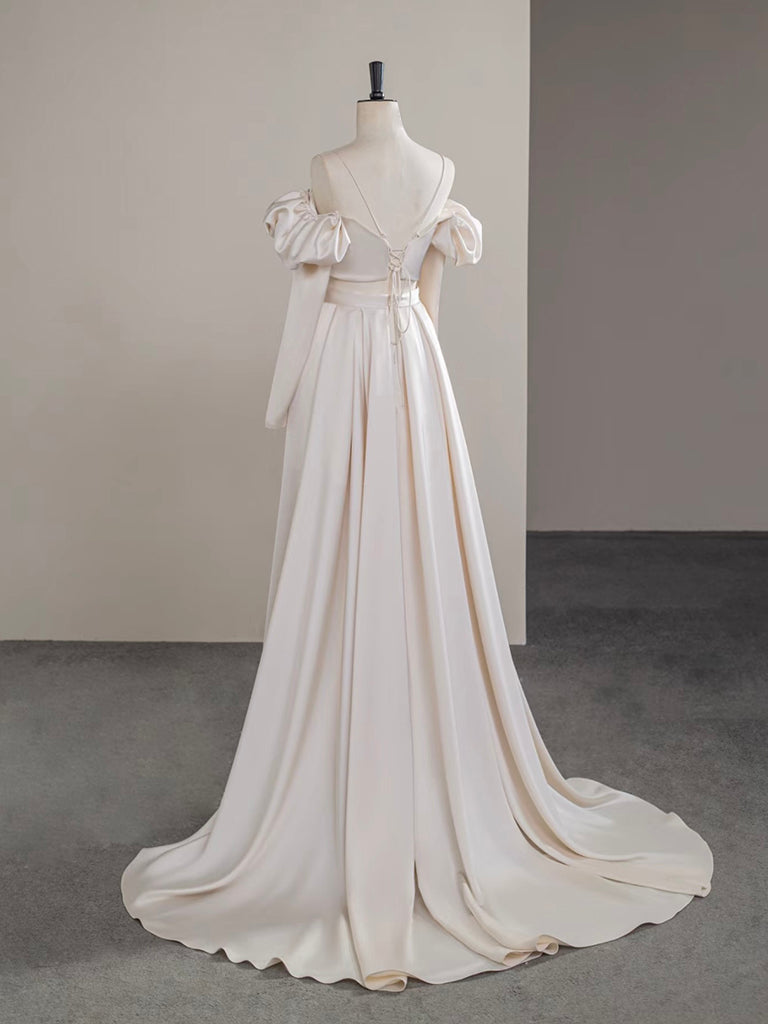 A-Line Two Pieces Satin Champagne Long Formal Prom Dresses, Champagne Long Formal Dresses
