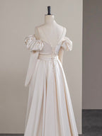 A-Line Two Pieces Satin Champagne Long Formal Prom Dresses, Champagne Long Formal Dresses