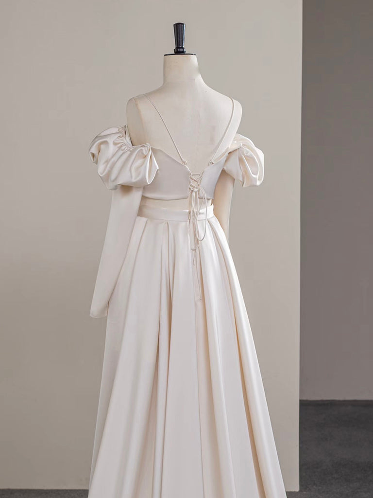 A-Line Two Pieces Satin Champagne Long Formal Prom Dresses, Champagne Long Formal Dresses