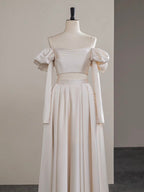 A-Line Two Pieces Satin Champagne Long Formal Prom Dresses, Champagne Long Formal Dresses