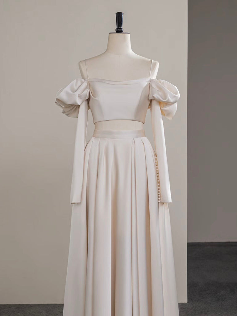 A-Line Two Pieces Satin Champagne Long Formal Prom Dresses, Champagne Long Formal Dresses