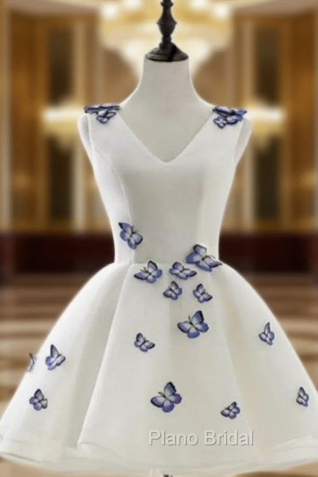 A-Line V-Neck Above-Knee Ivory Satin Organza Homecoming Dresses with butterfly Appliques Main image