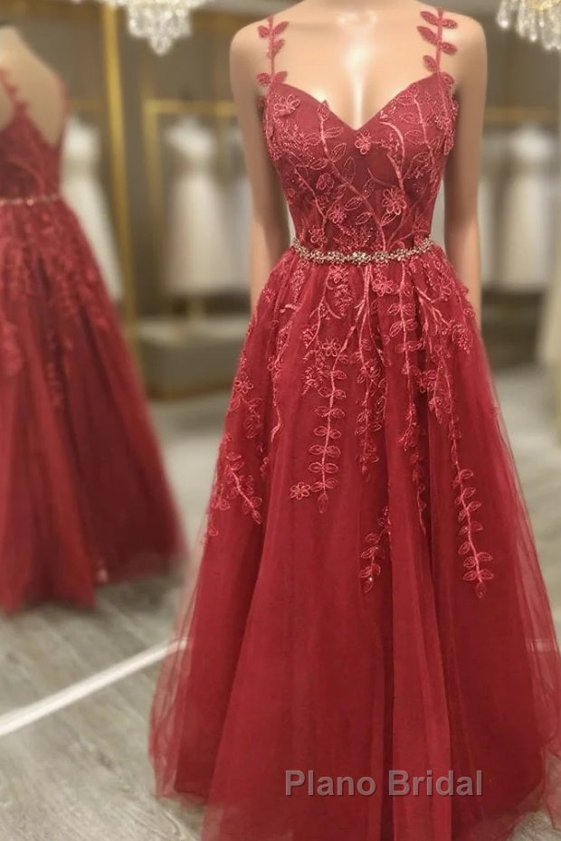 A Line V Neck and V Back Burgundy Lace Floral Long Formal Prom Dress, Burgundy Lace Formal Evening Dress Main image