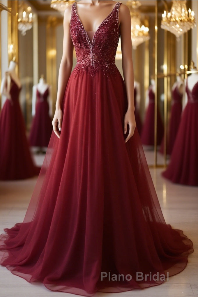A Line V Neck and V Back Long Beading Lace Burgundy Formal Prom Dress, Lace Burgundy Formal Graduation Evening Dress