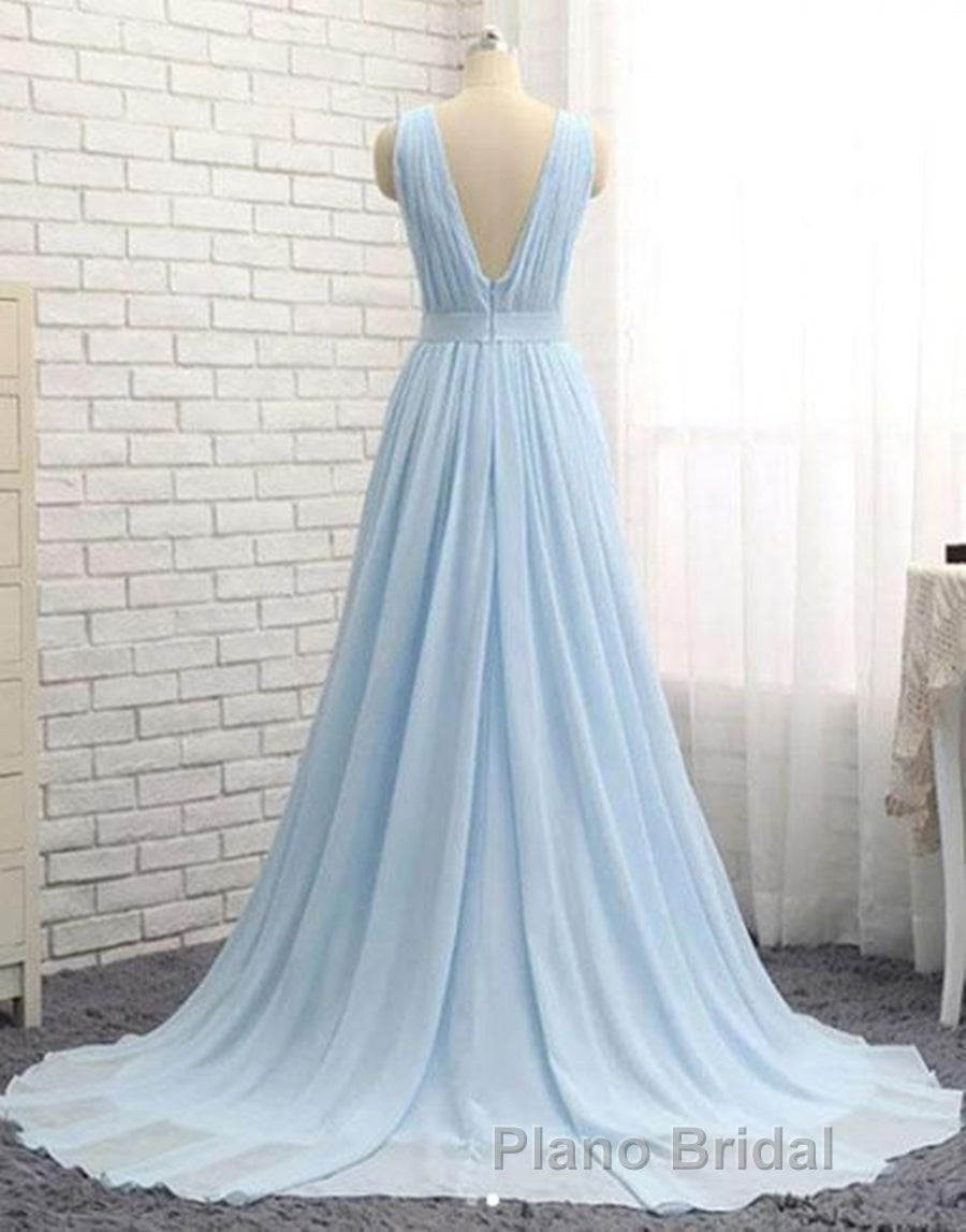 A Line V Neck and V Back Sky Blue Chiffon Long Formal Prom Dresses, V Neck Blue Formal Dresses, Blue Evening Dresses