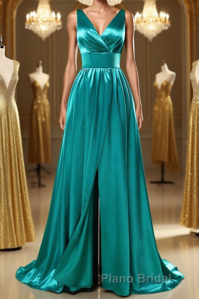 A Line V Neck and V Back Turquoise Long Formal Prom Dress with Slit, Turquoise Formal Graduation Evening Dress Main image