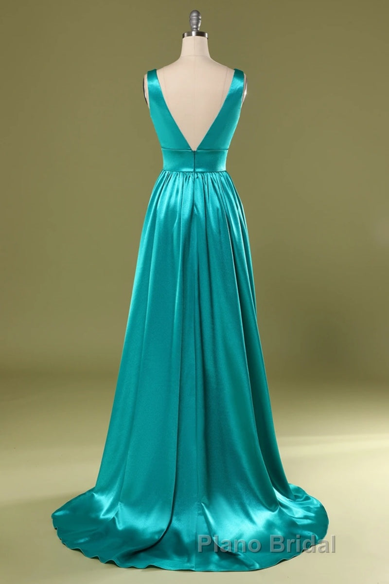 A Line V Neck and V Back Turquoise Long Formal Prom Dress with Slit, Turquoise Formal Graduation Evening Dress Secondary image