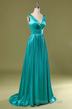 A Line V Neck and V Back Turquoise Long Formal Prom Dress with Slit, Turquoise Formal Graduation Evening Dress