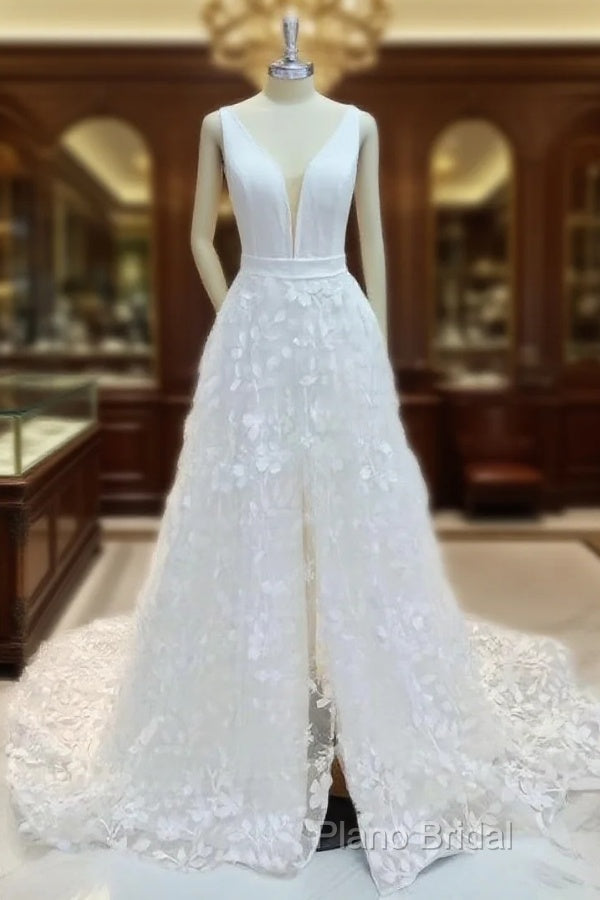 A-Line V-Neck Applique Sweep Train Stretch Crepe Wedding Dresses Main image