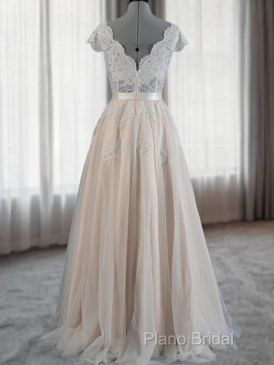 A-Line V-Neck Appliques Lace Floor-Length Lace Wedding Dresses Secondary image