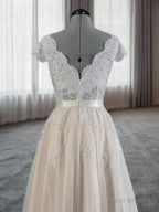 A-line V-neck Appliques Lace Floor-Length Lace Wedding Dress