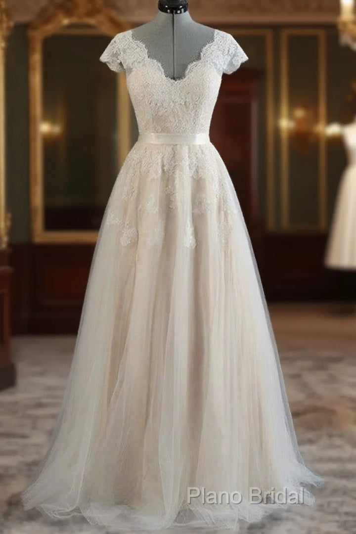 A-Line V-Neck Appliques Lace Floor-Length Lace Wedding Dresses