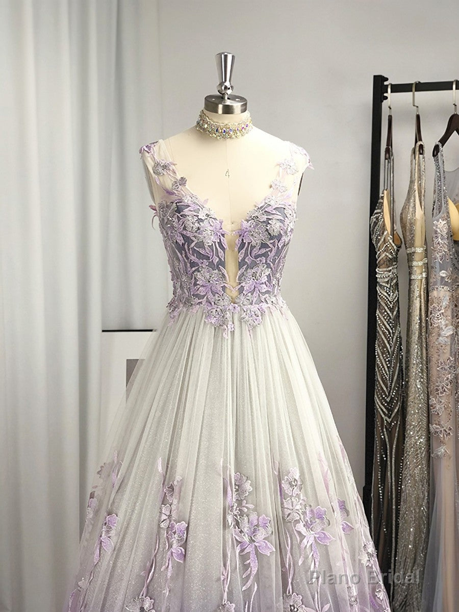 A-line V-neck Appliques Lace Floor-Length Tulle Dress Secondary image