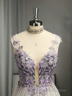 A-line V-neck Appliques Lace Floor-Length Tulle Dress