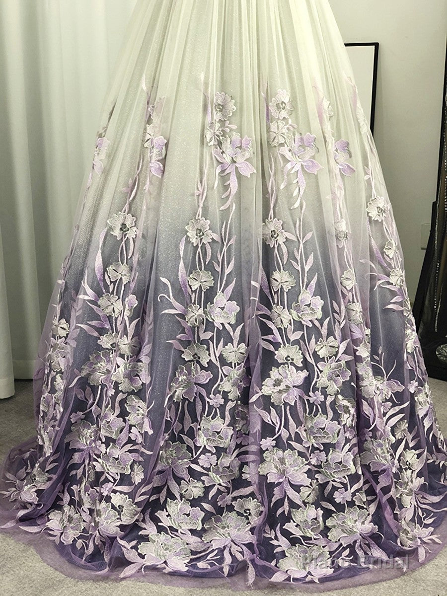A-line V-neck Appliques Lace Floor-Length Tulle Dress