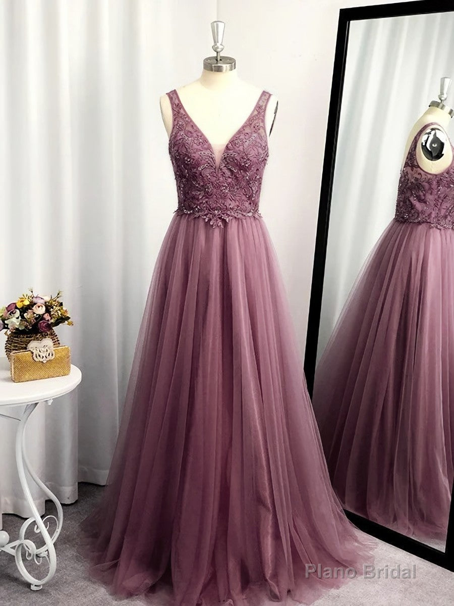 A-line V-neck Appliques Lace Floor-Length Tulle Dress Main image