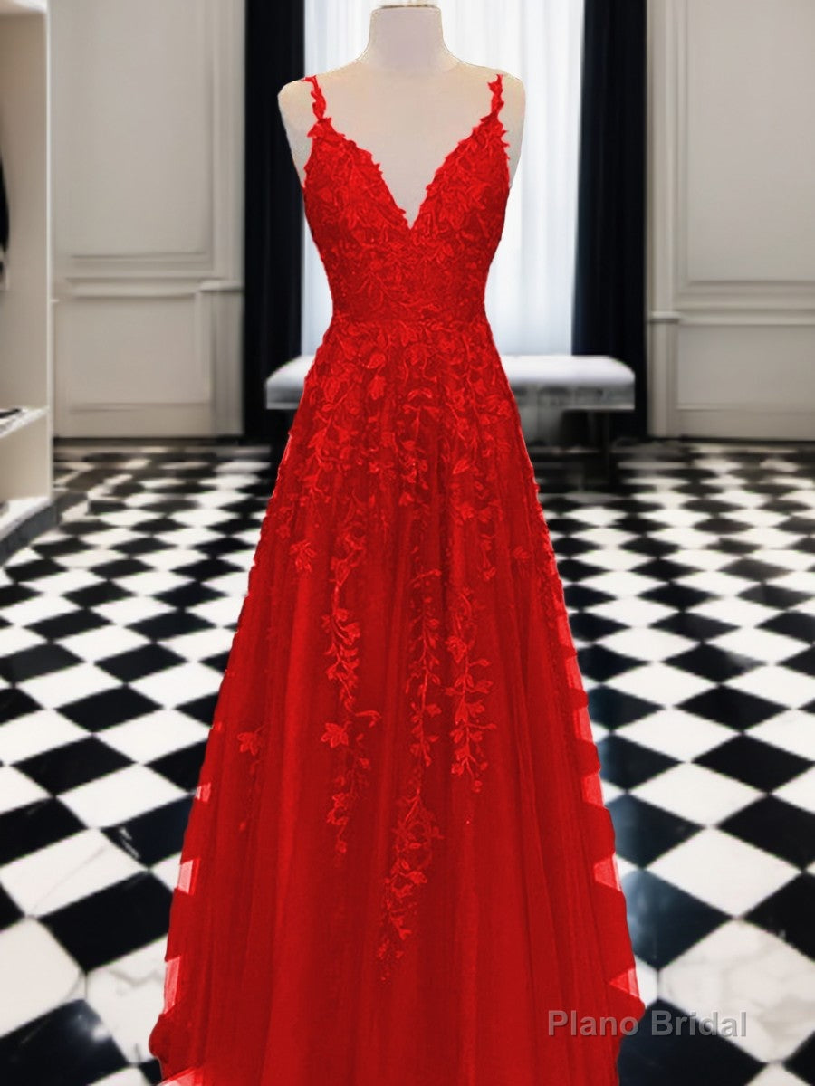 A-line V-neck Appliques Lace Floor-Length Tulle Dress Main image