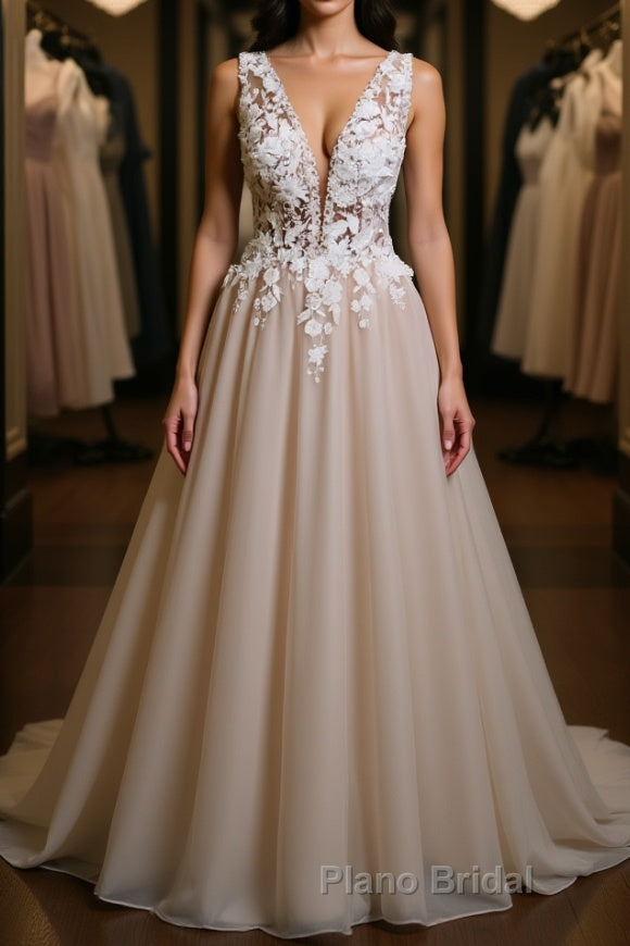 A Line V Neck Appliques Lace Formal Prom Dress, Lace Formal Graduation Evening Dress