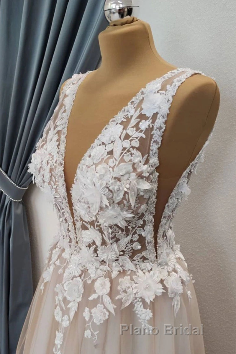 A Line V Neck Appliques Lace Formal Prom Dress, Lace Formal Graduation Evening Dress