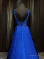 A-line V-neck Appliques Lace Sweep Train Tulle Dress