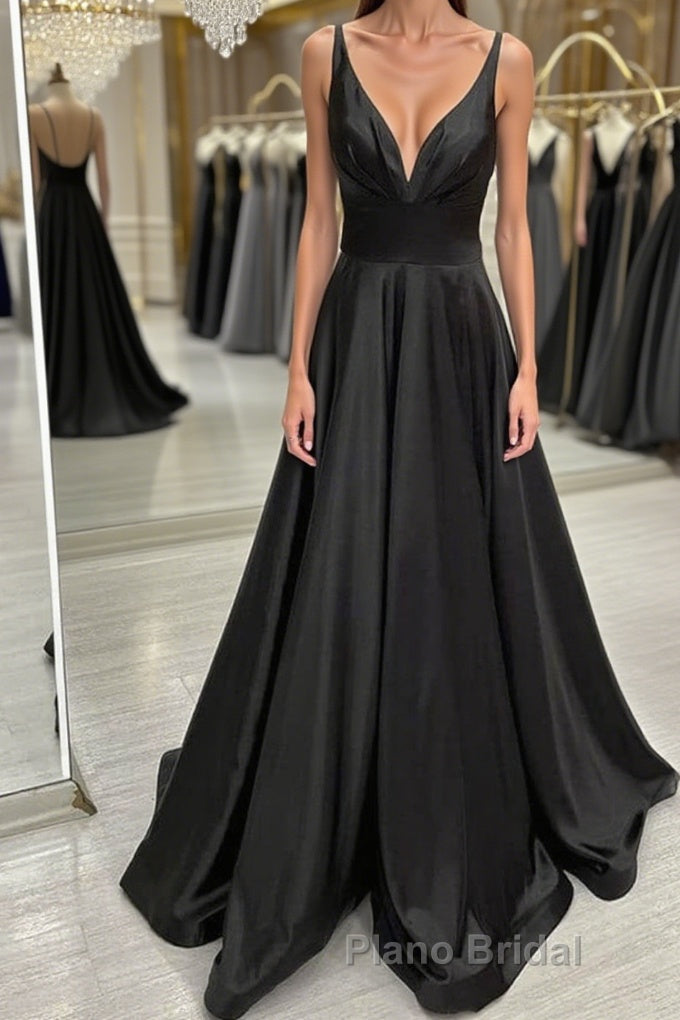 A Line V Neck Backless Black Long Formal Prom Dresses, V Neck Black Formal Dresses, Backless Black Evening Dresses Main image