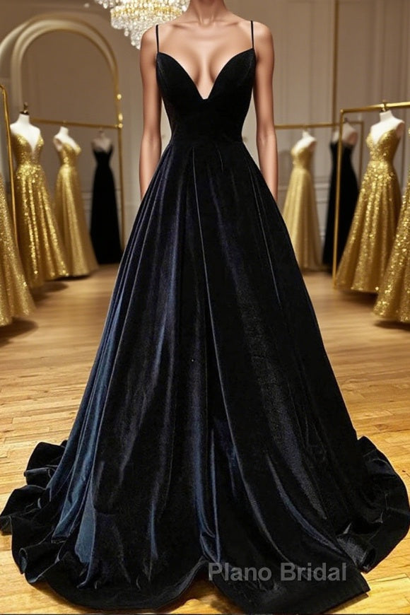 A Line V Neck Backless Black Velvet Long Formal Prom Dresses, V Neck Black Formal Dresses, Black Velvet Evening Dresses Main image