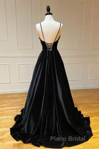 A Line V Neck Backless Black Velvet Long Formal Prom Dresses, V Neck Black Formal Dresses, Black Velvet Evening Dresses